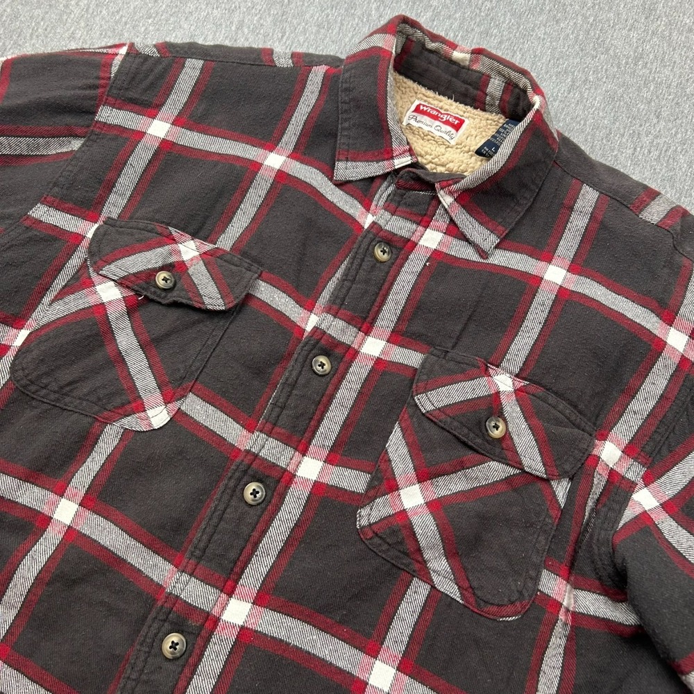 Wrangler Sherpa Lined Flannel Shacket Mens Large Brown Red Plaid Jacket Workwear